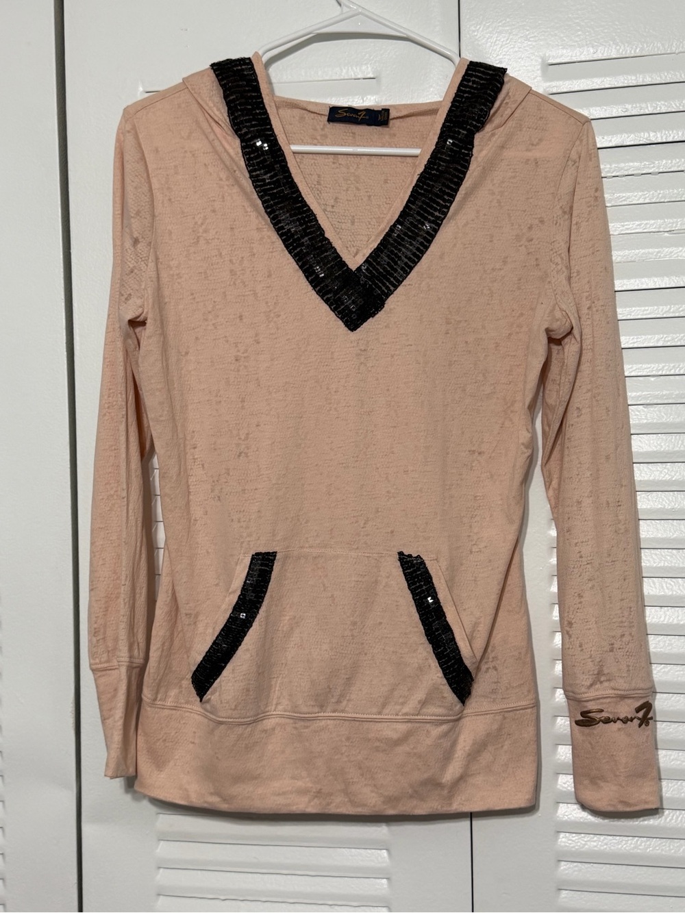 Seven7 V-Neck Hoodie with Black Sequin Trim